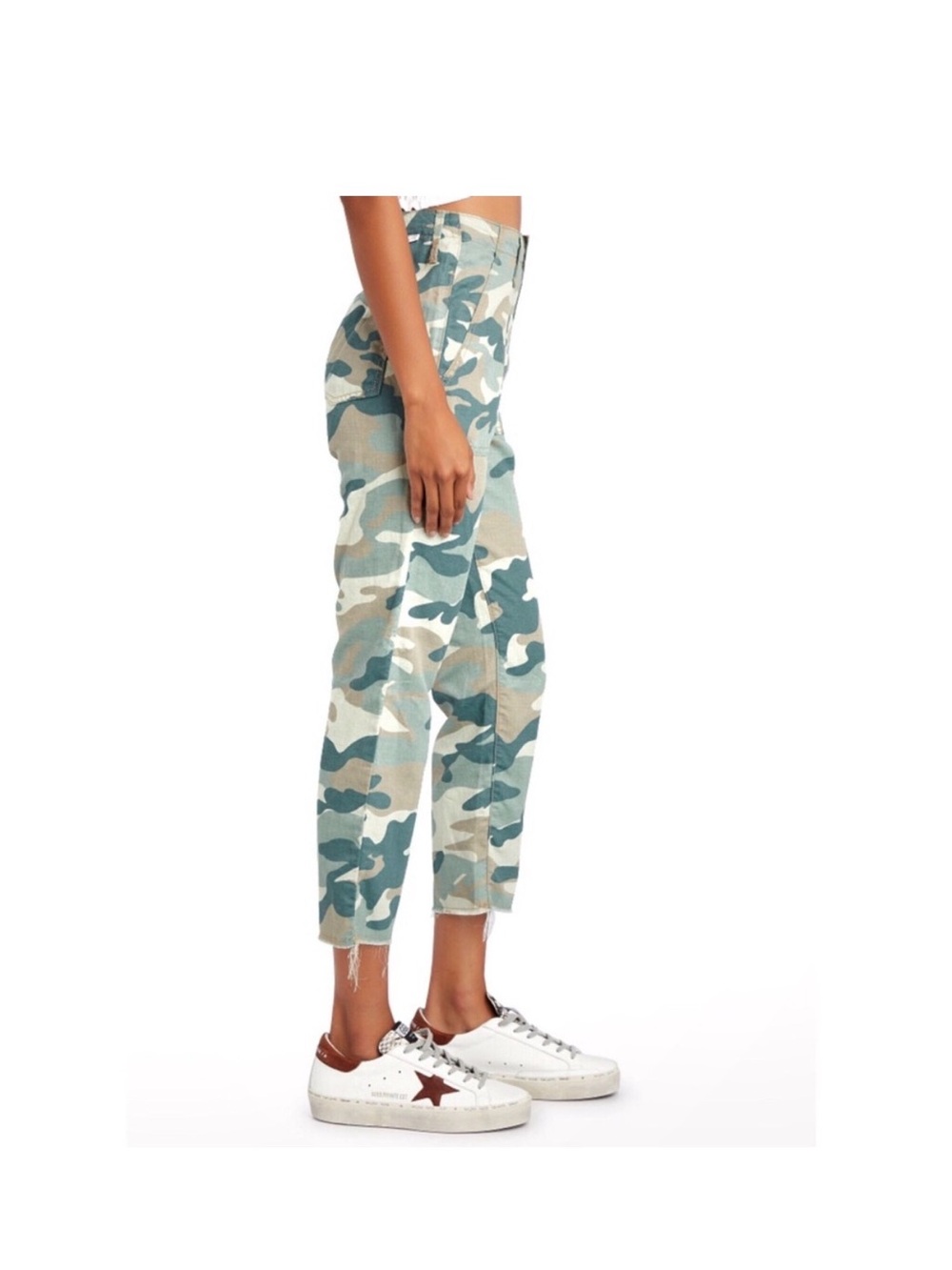 MOTHER Tan & Green Camo Cropped High-Rise Pants